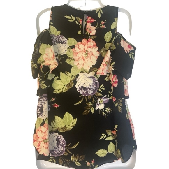 Fortune+Ivy  Short Flutter Sleeve Cold Shoulder Blouse in Black with Floral Med. - Picture 1 of 4